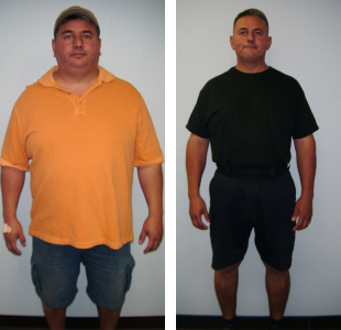 Before and after weight loss pictures of a man in black