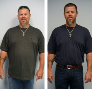Before and after weight loss pictures of a man wearing a cross necklace