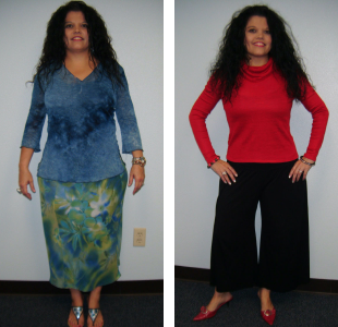 Before and after weight loss pictures of a woman with curly hair