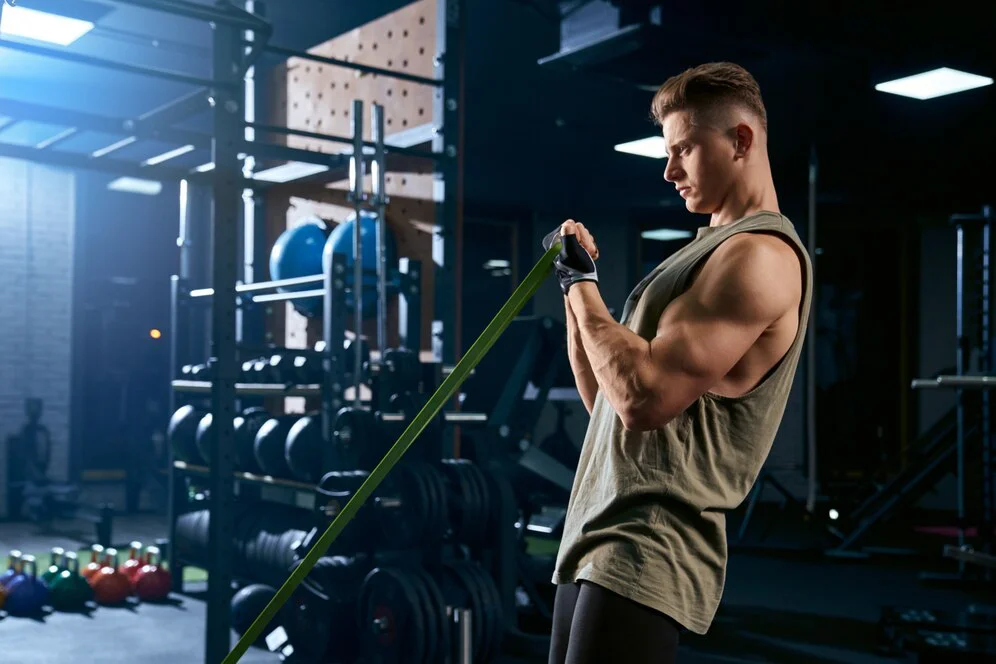 A muscular man holds a resistance band and works out at a gym, showcasing some of the testosterone therapy-induced changes men can expect to see with our Low-T program