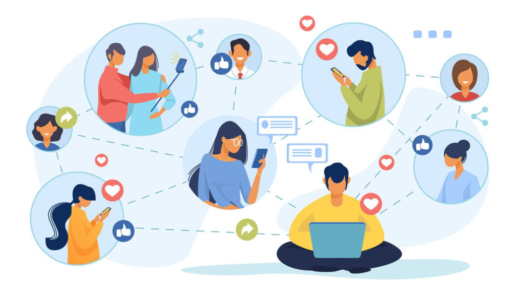 A graphic showing interconnected people with thumbs up, heart, comment, and forward graphics