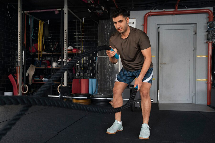 A man in shorts and a t-shirt holding thick ropes