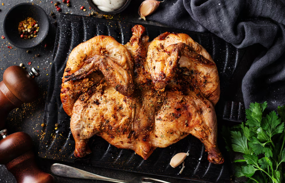 A whole grilled chicken with spices and parsley leaves on a black surface with a dark charcoal textile beneath it