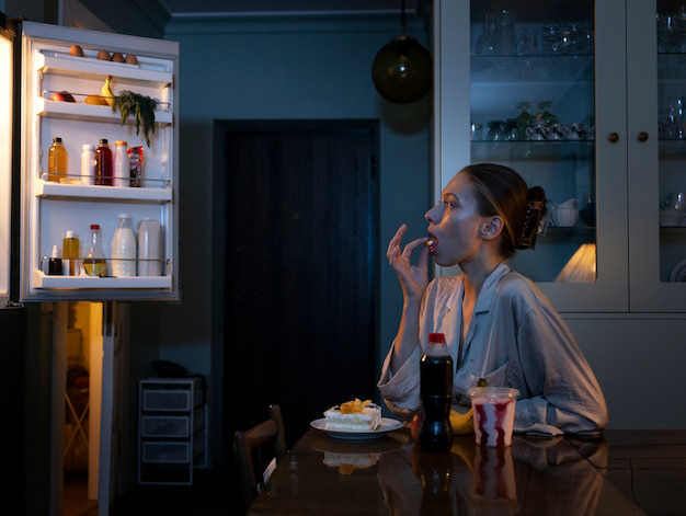 Woman indulging in late-night snacking by an open refrigerator, symbolizing poor sleep habits and weight gain.