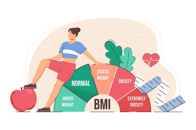  Illustration of a BMI scale with different weight categories, emphasizing healthy weight management.