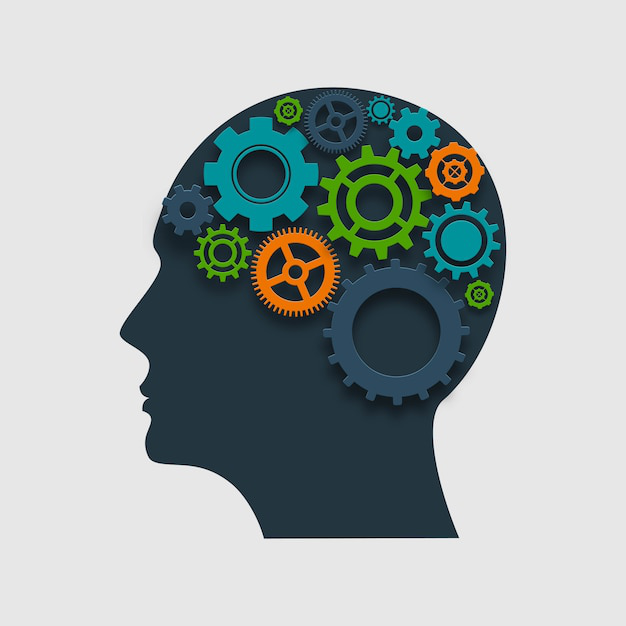 Illustration of a human head with colorful gears representing cognitive function and brain activity.