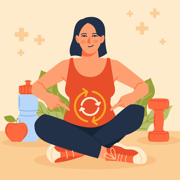 Illustration of a woman pointing at her metabolism symbol with healthy lifestyle elements around her.