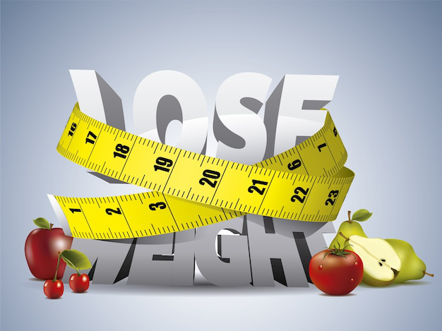 3D “Lose Weight” text wrapped in a yellow measuring tape with fruits.