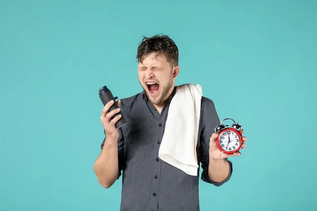 Exhausted man holding alarm clock and drink bottle.