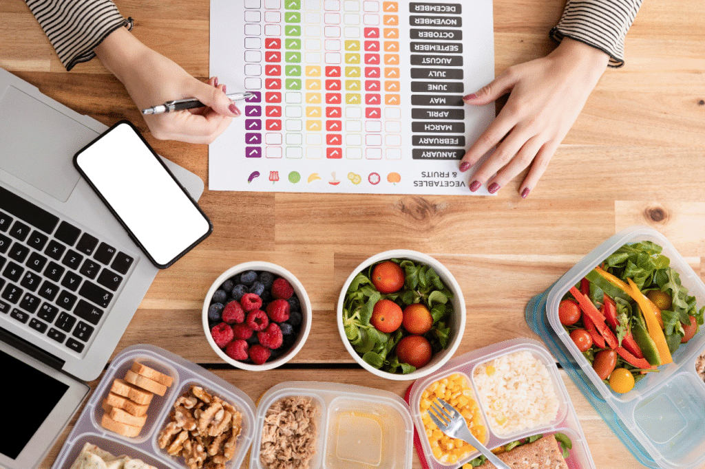 Person tracking nutrition and seasonal produce besides prepped healthy meals and fruits
