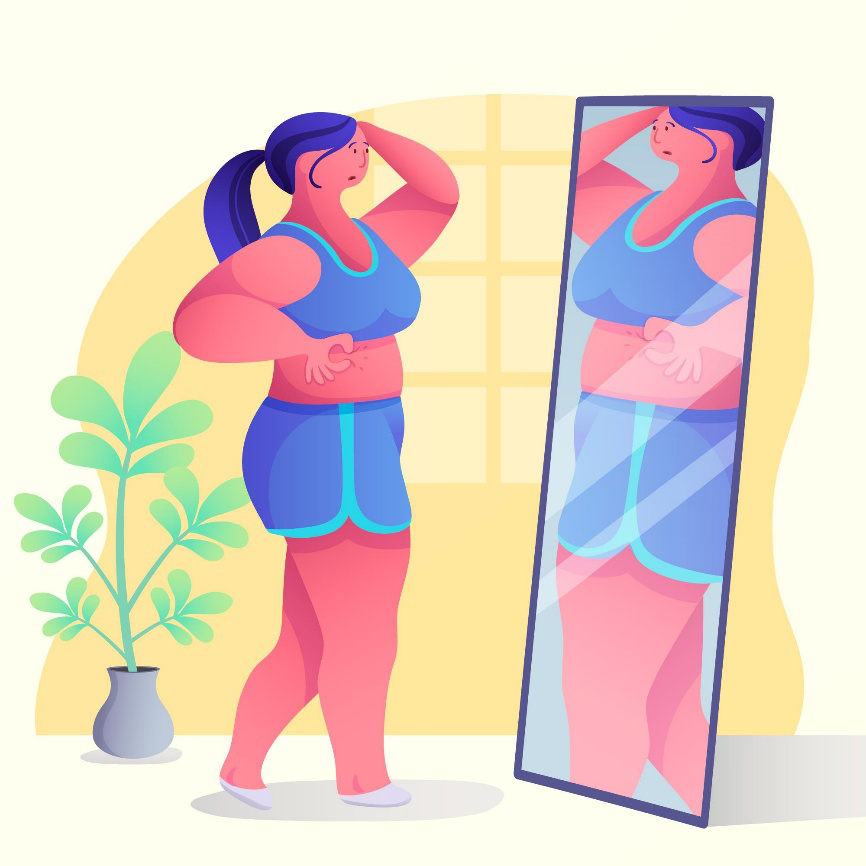 Illustrated woman examining her belly fat in the mirror with a concerned look