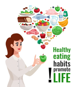  Illustration of a woman selecting healthy food with “Healthy eating habits
