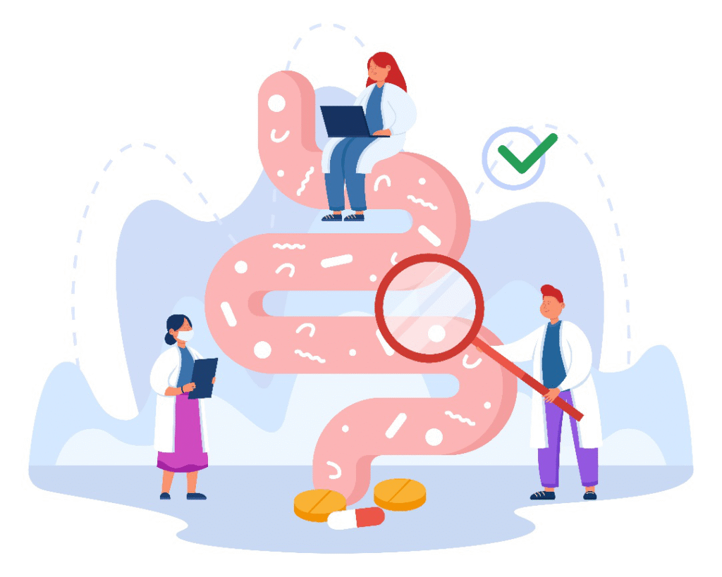 Illustration of doctors analyzing gut health and microbiome with medical tools