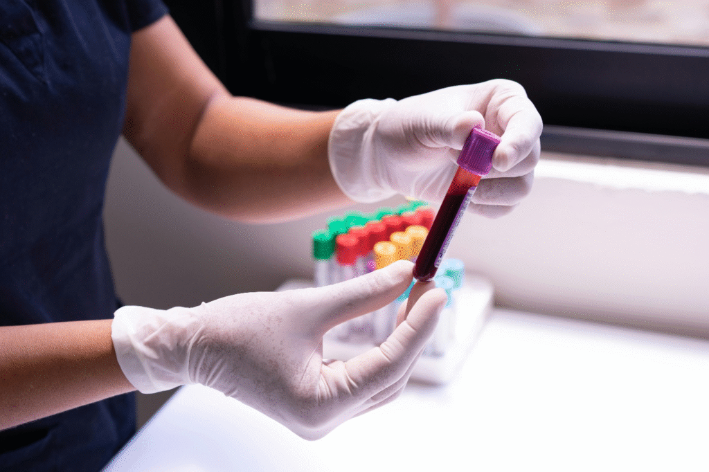  Lab technician holding a blood sample for hormone testing