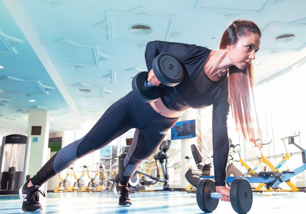 a woman using weights and working out.
