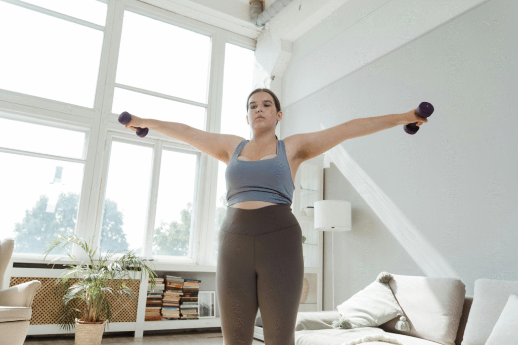 a woman working out at home.