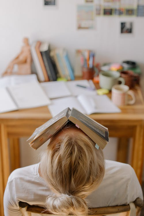An image of a woman with a book covering her face