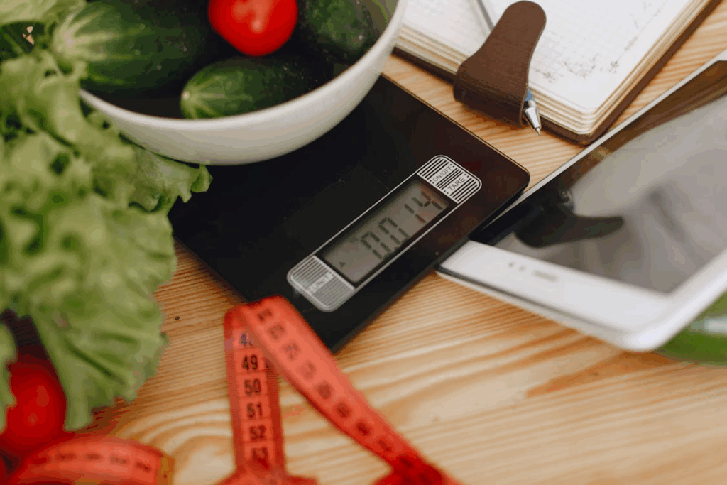 An image of vegetables in a bowl on a scale next to a measuring tape