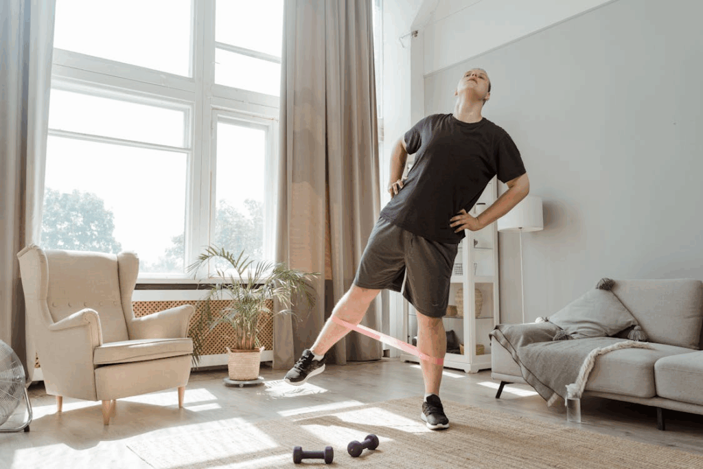 An image of a man exercising using a resistance band in his living room
