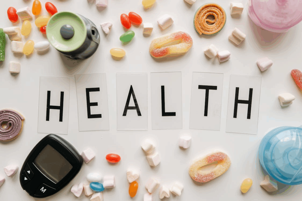 An image of the word health surrounded by pills and candies on a white surface