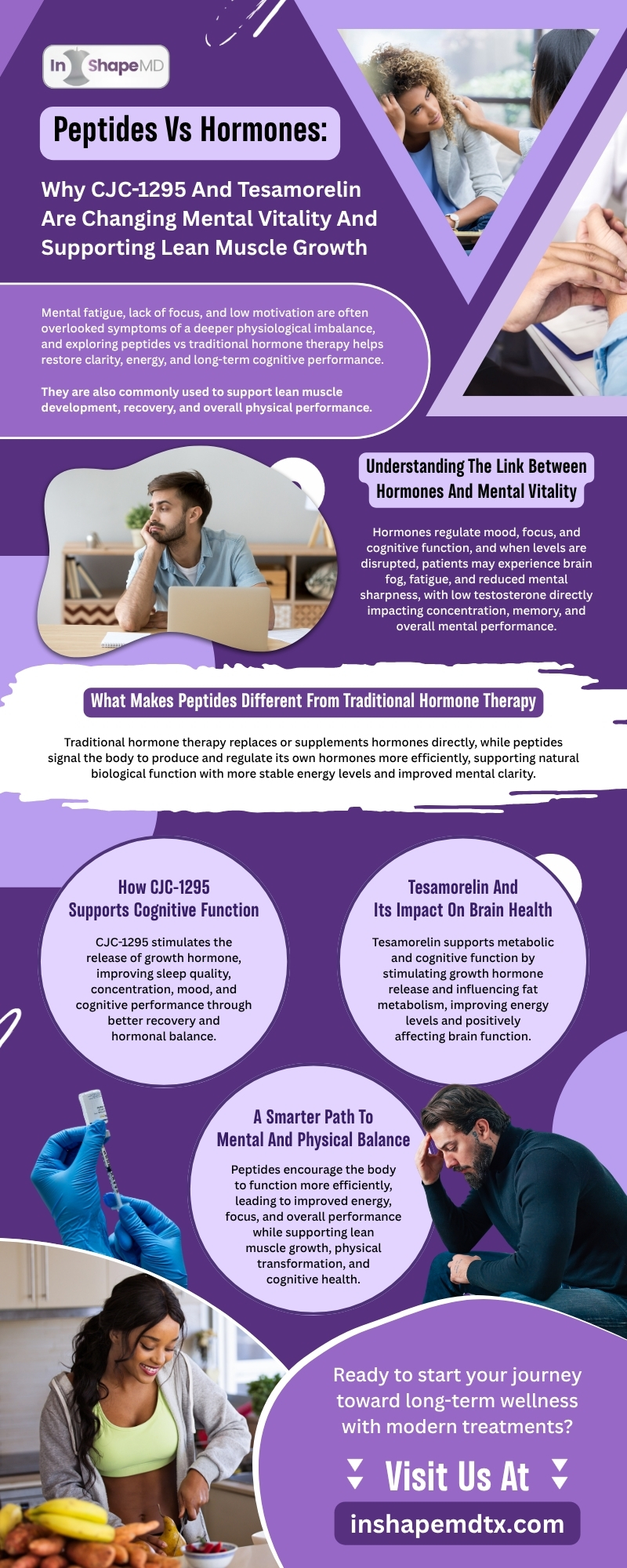 This infographic explains peptides vs hormones for mental vitality, highlighting CJC-1295 and tesamorelin benefits, how peptide therapy supports cognitive function, improves focus, energy, and brain health compared to traditional hormone therapy approaches.